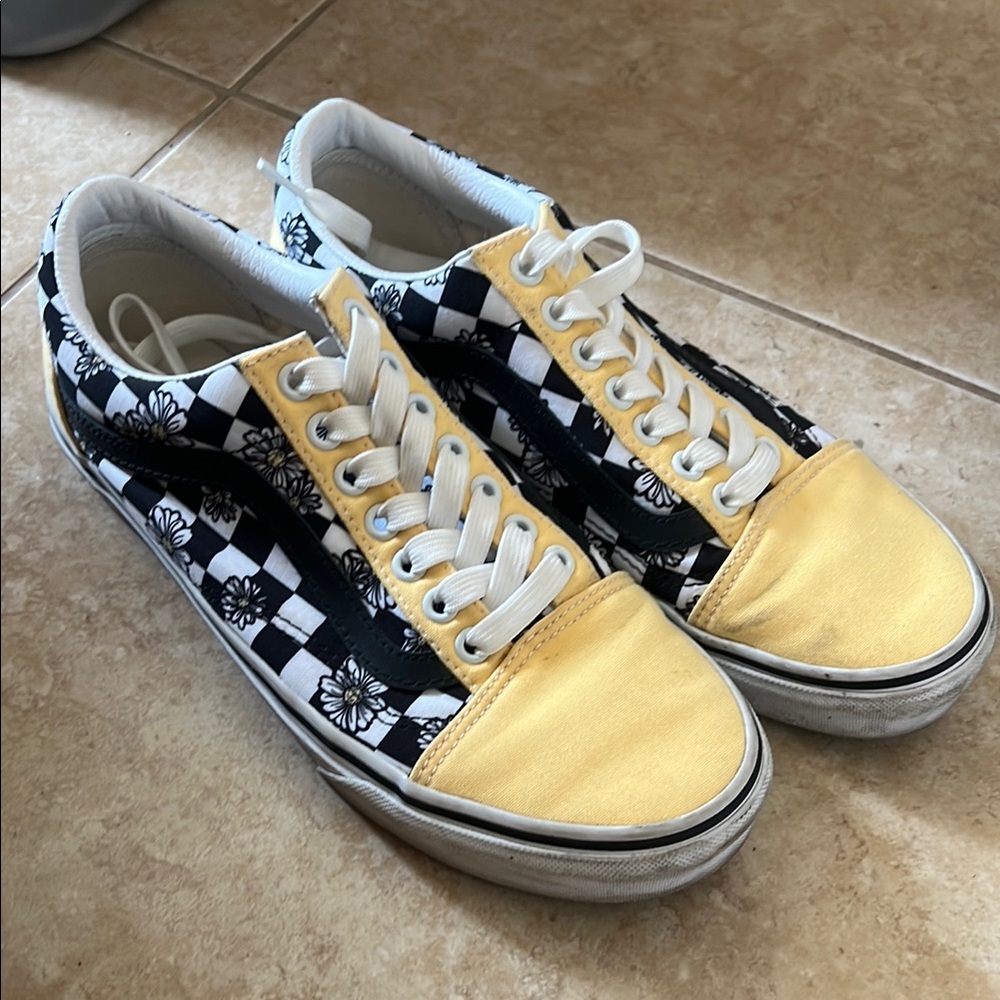 Vans Floral Yellow and Black Checkered Sneakers